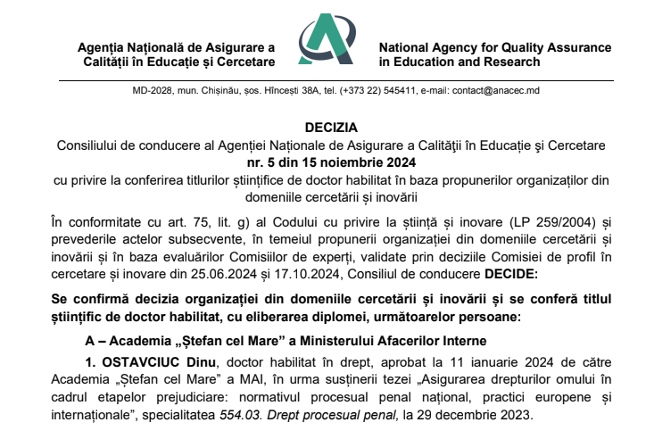 Dinu Ostavciuc a obținut gradul stiințific de doctor habilitat